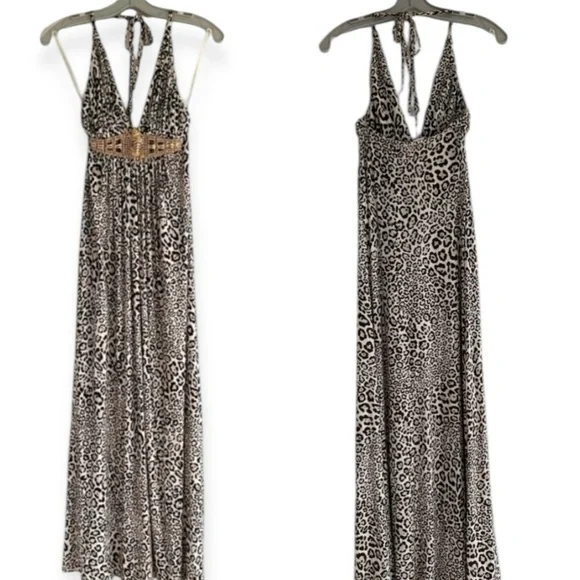 Sky Leopard Print Rhinestone Beaded Maxi Dress XS Halter Open Back Glam Y2K NWT - Picture 4 of 16